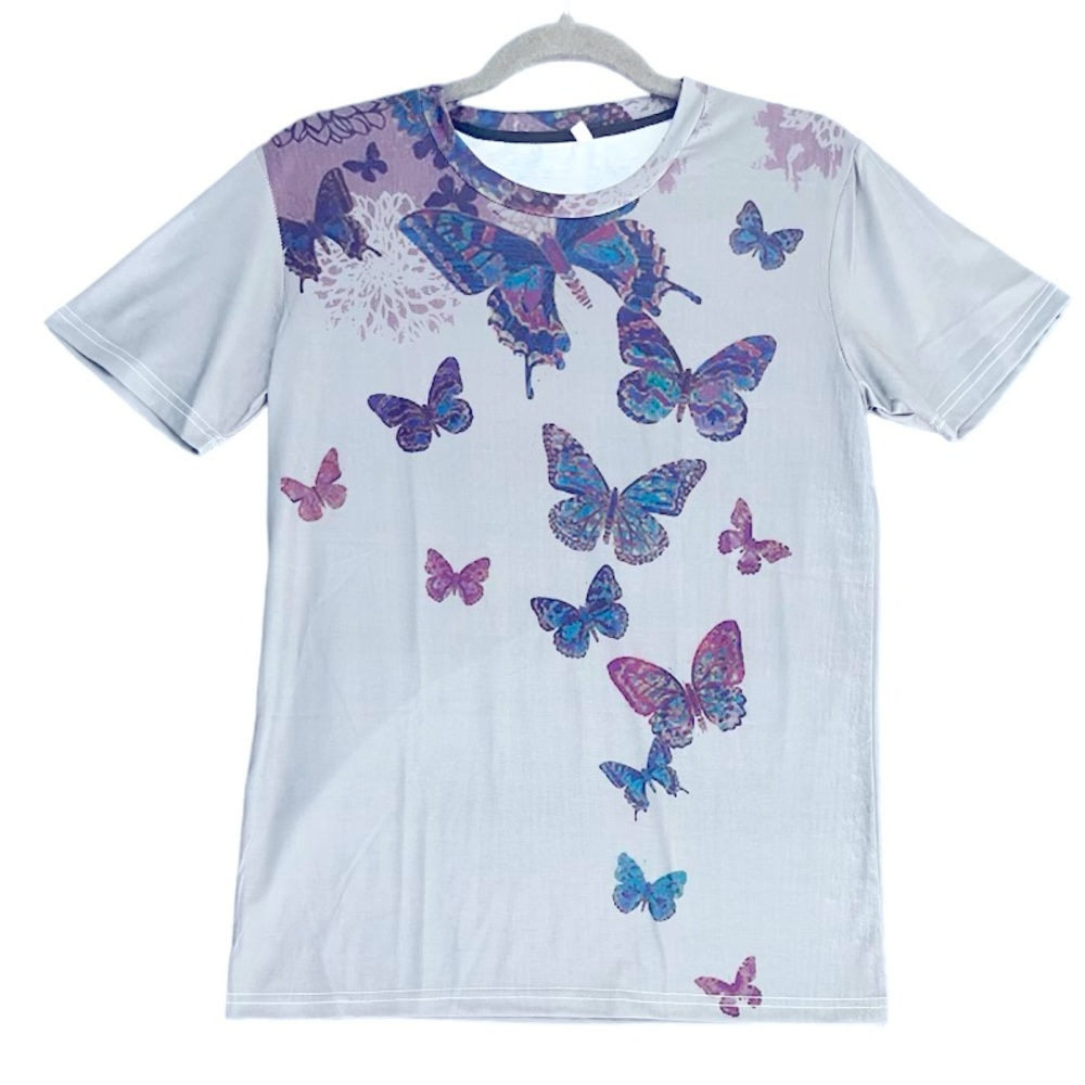 Butterflies Purple & Blue White T-Shirt V-Neck